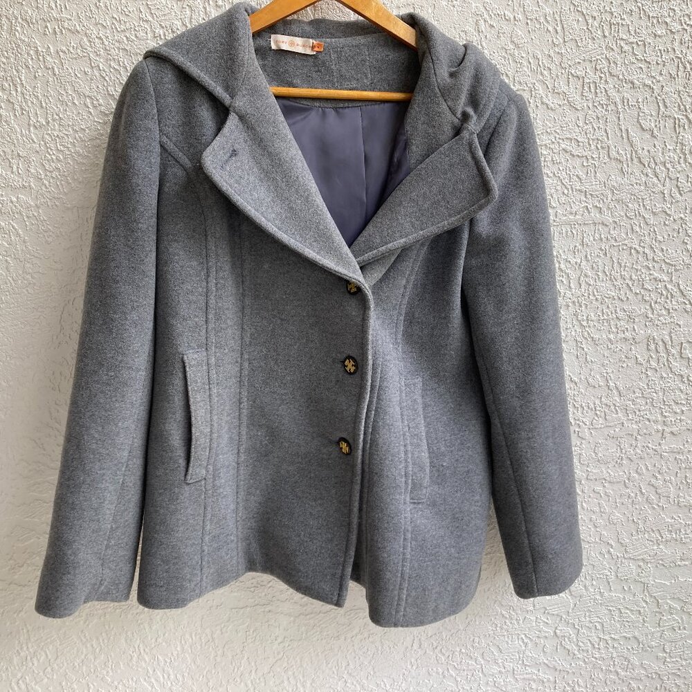 Tory Burch Hooded Coat M  Gray Wool Blend Fully Lined Vintage Gray